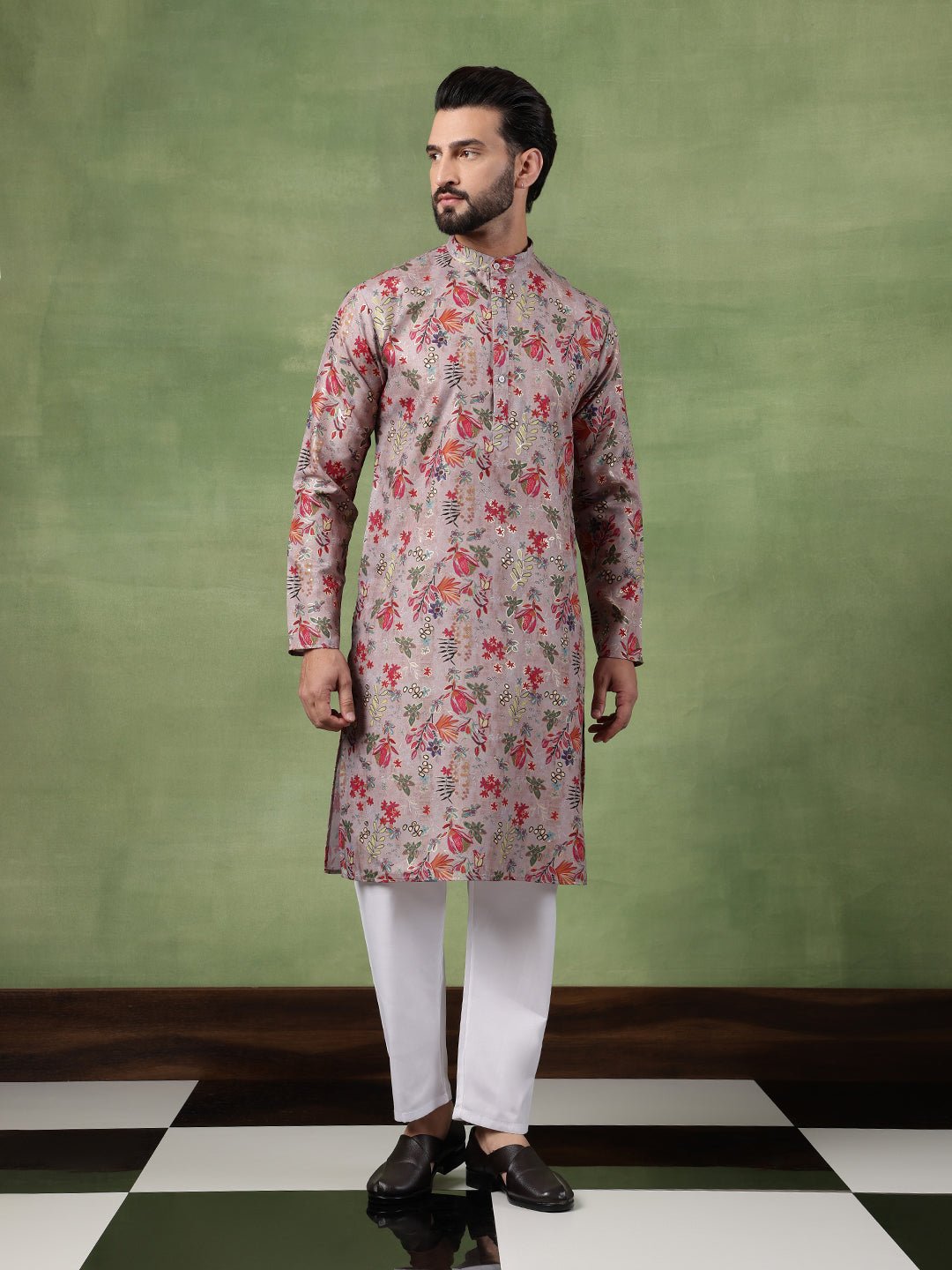 Men's Cotton Floral Print Grey Long Kurta - Image 6