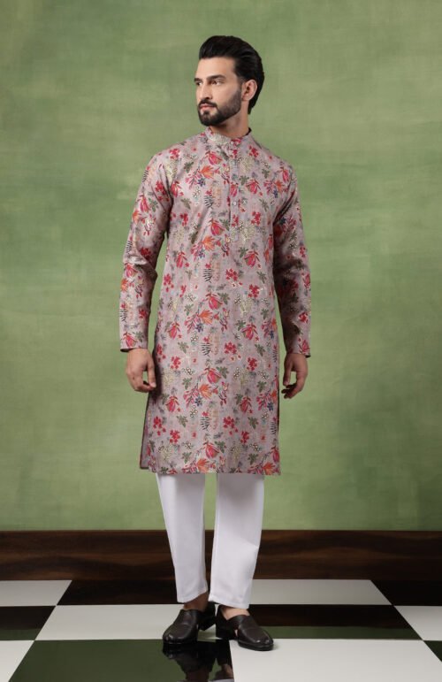 Men's Cotton Floral Print Grey Kurta With White Pyjama