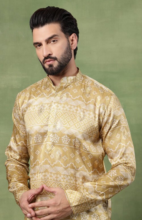 Men's Silk Banarasi Design Mehndi Long Kurta