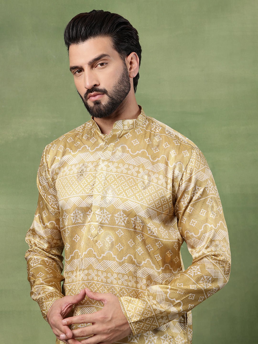 Men's Silk Banarasi Design Mehndi Long Kurta