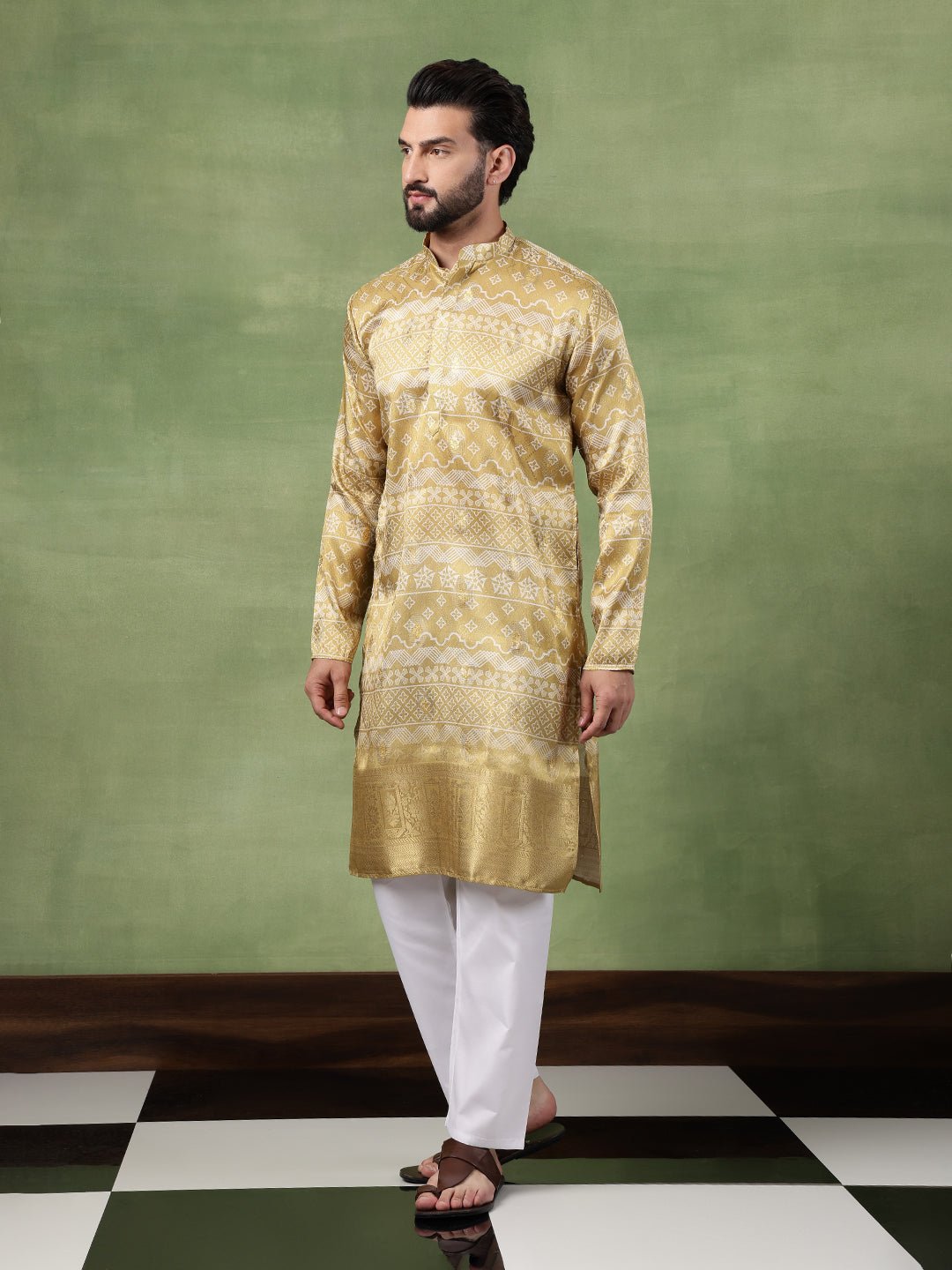 Men's Silk Banarasi Design Mehndi Long Kurta - Image 2