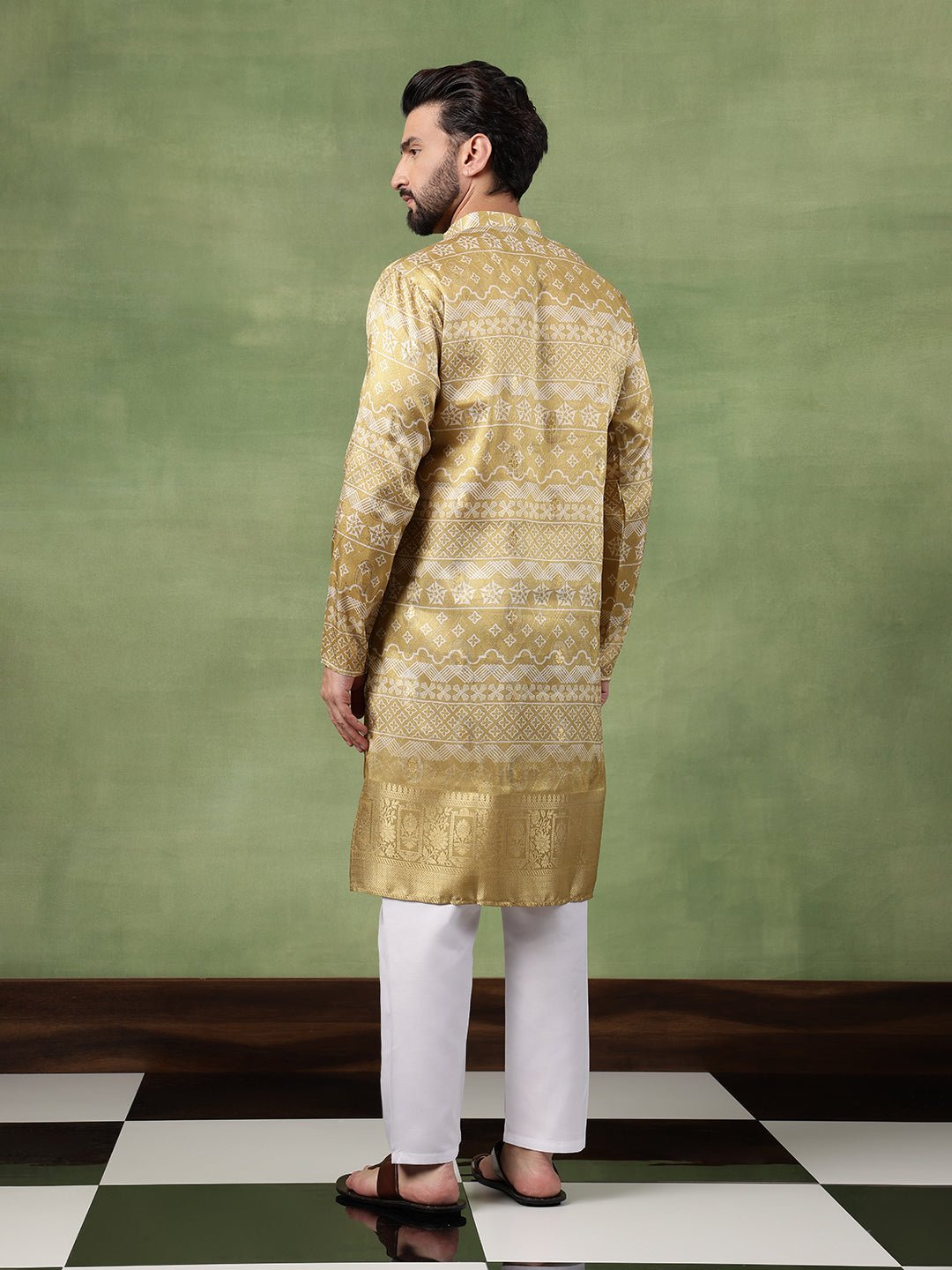 Men's Silk Banarasi Design Mehndi Long Kurta - Image 3