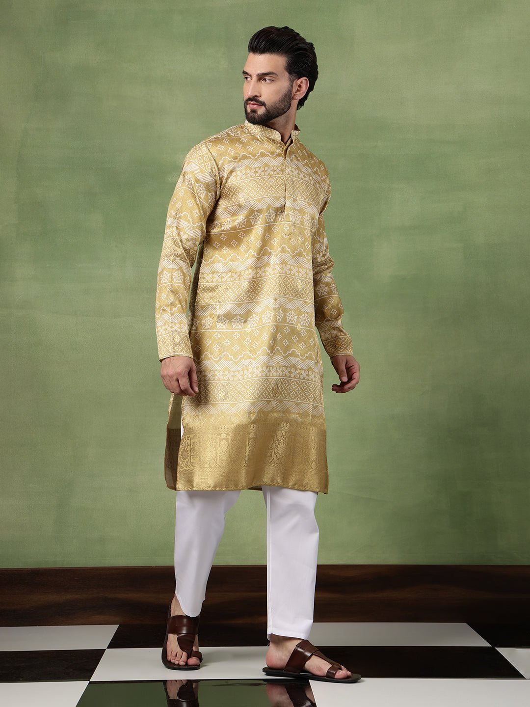 Men's Silk Banarasi Design Mehndi Long Kurta - Image 4