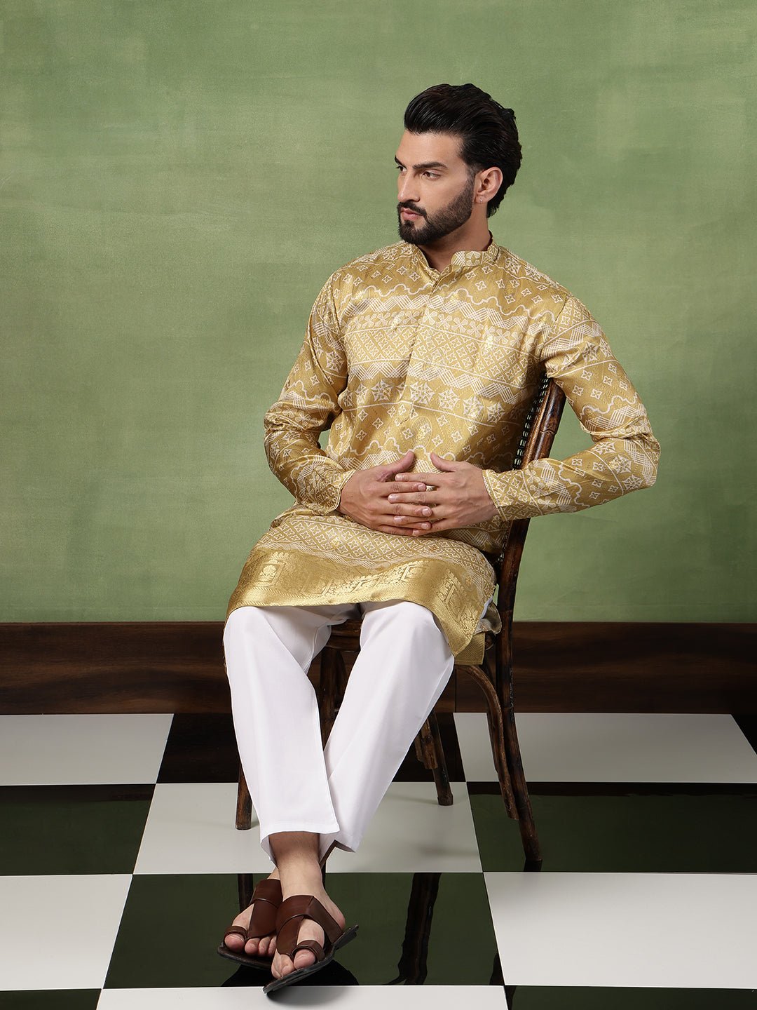 Men's Silk Banarasi Design Mehndi Long Kurta - Image 5
