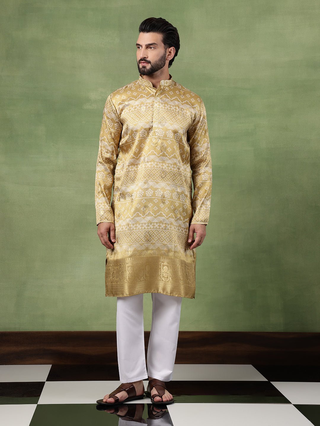 Men's Silk Banarasi Design Mehndi Long Kurta - Image 6