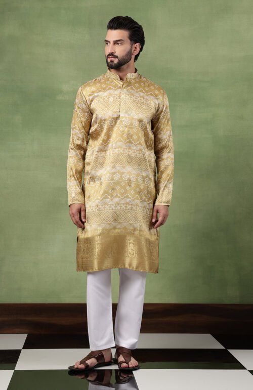 Men's Silk Banarasi Design Mehndi Kurta With White Pyjama