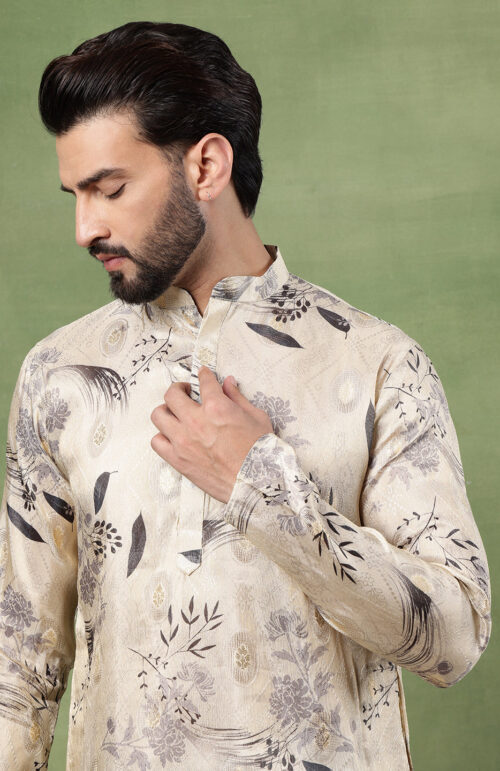 Men's Silk Banarasi Design Beige Long Kurta