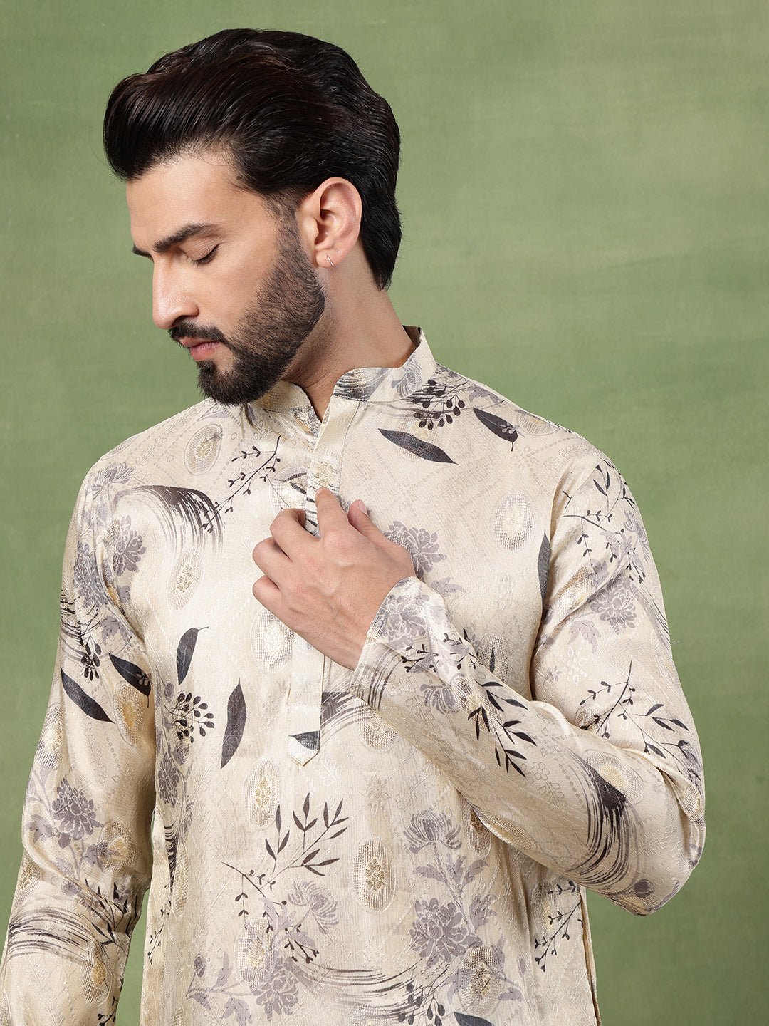 Men's Silk Banarasi Design Beige Long Kurta