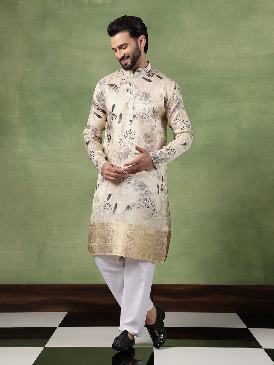 Men's Silk Banarasi Design Beige Long Kurta - Image 2