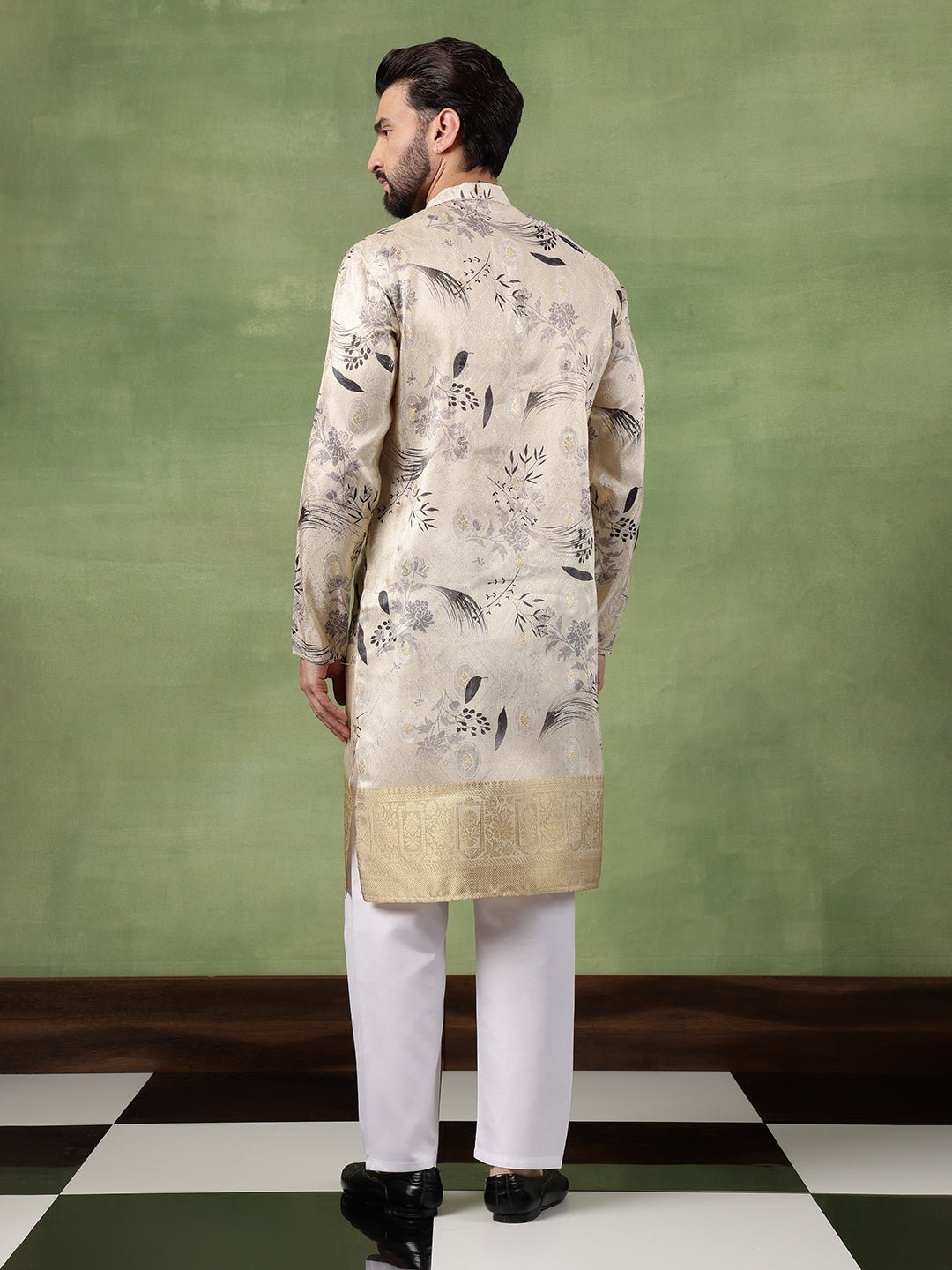 Men's Silk Banarasi Design Beige Long Kurta - Image 3