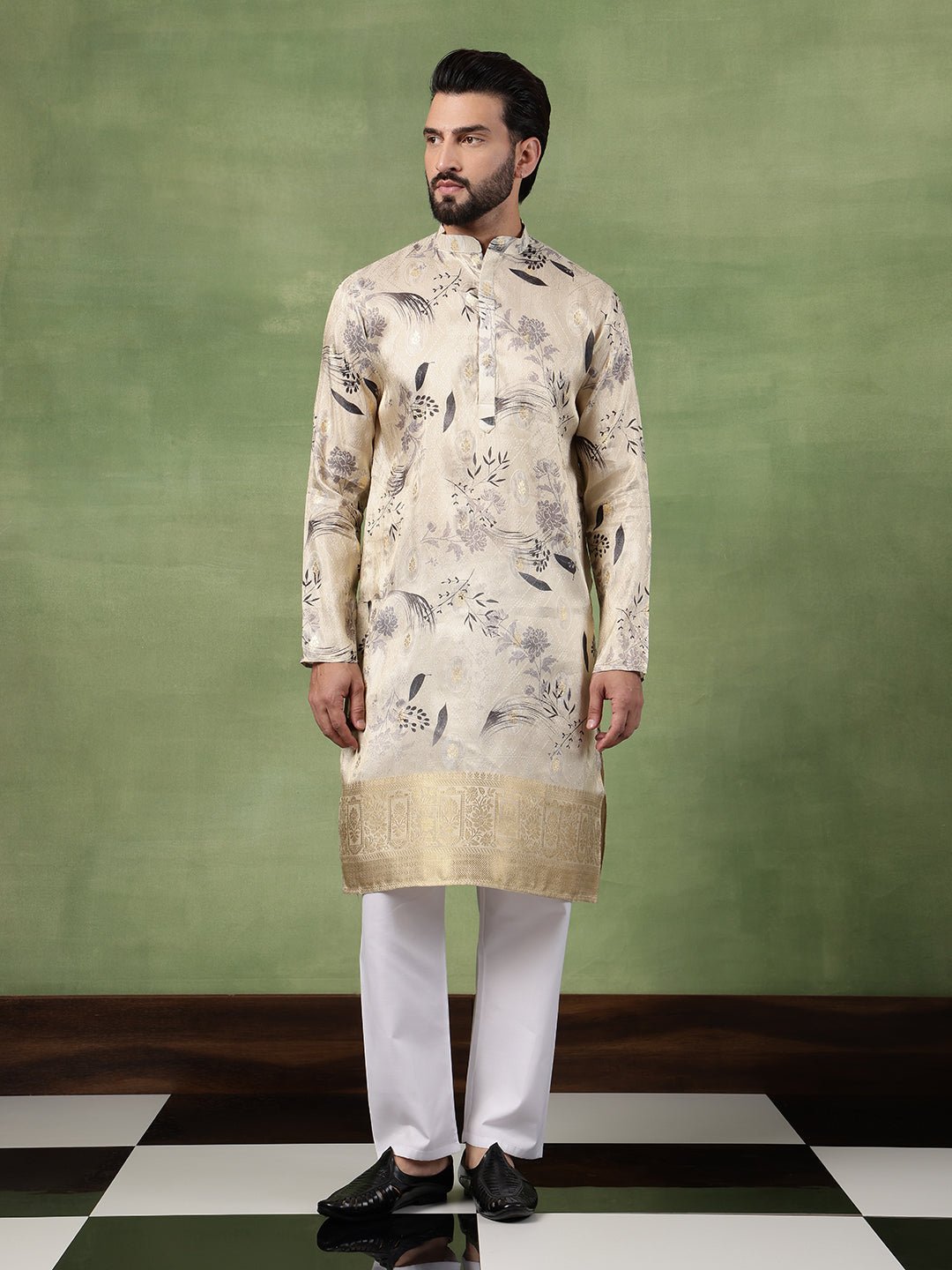 Men's Silk Banarasi Design Beige Long Kurta - Image 4