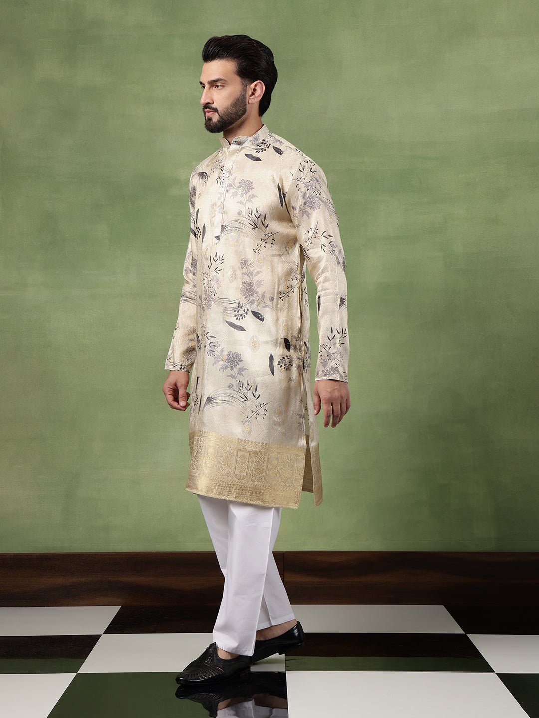 Men's Silk Banarasi Design Beige Long Kurta - Image 6