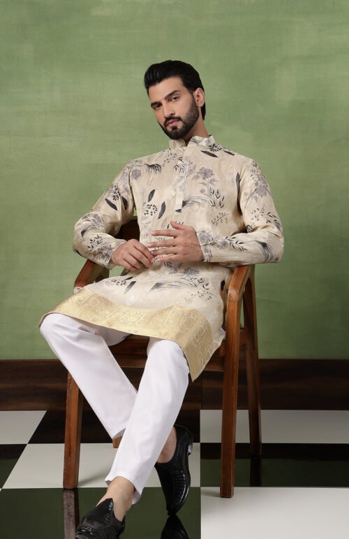 Men's Silk Banarasi Design Beige Kurta With White Pyjama