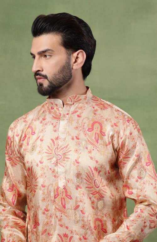 Men's Silk Banarasi Design Multicolor Long Kurta