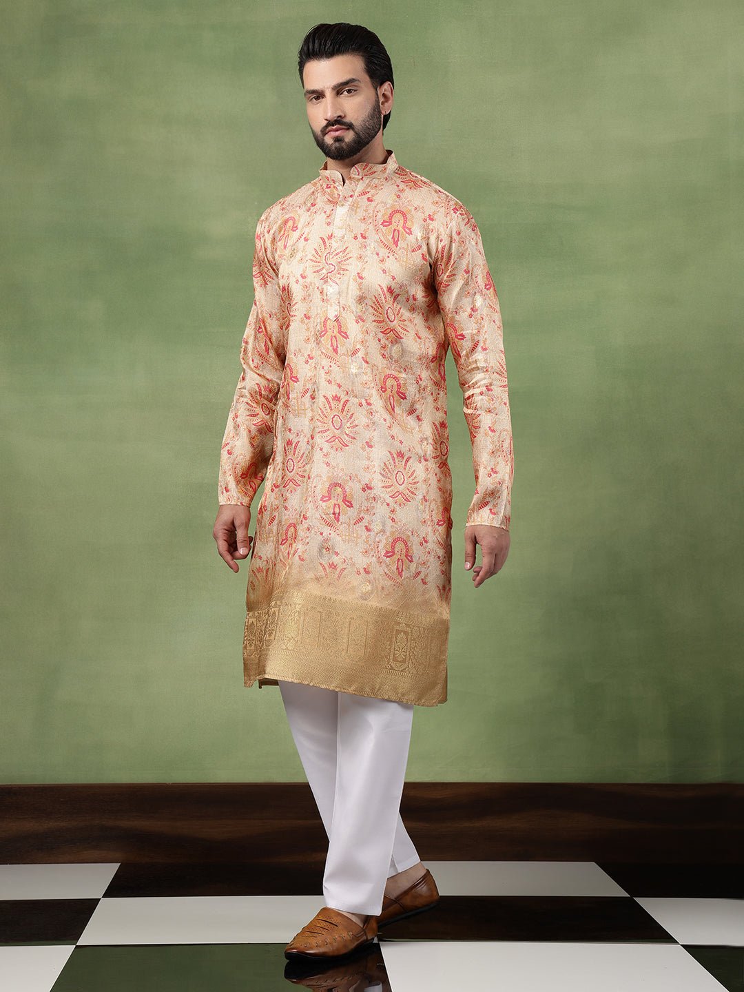 Men's Silk Banarasi Design Multicolor Long Kurta - Image 2