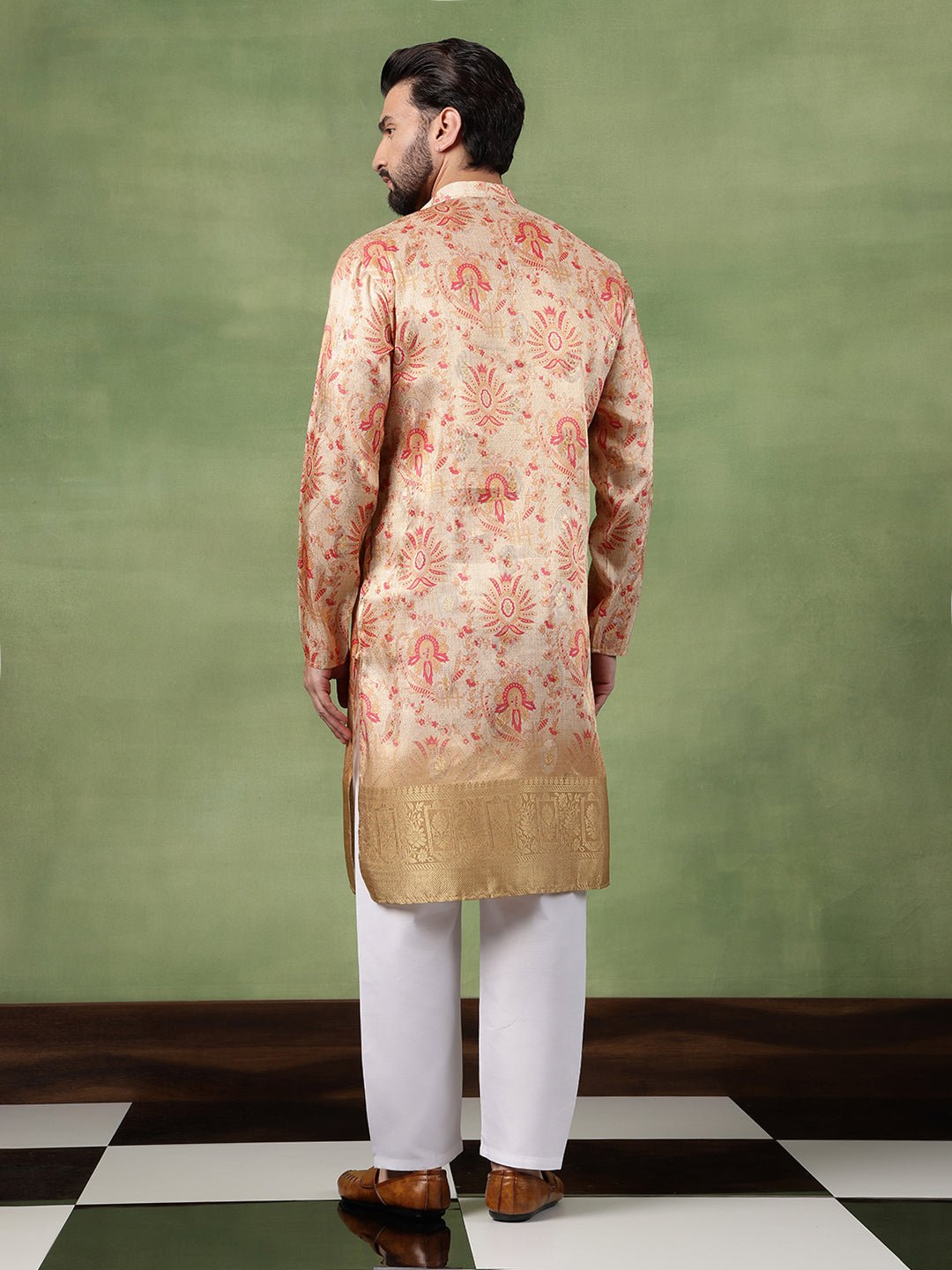 Men's Silk Banarasi Design Multicolor Long Kurta - Image 3