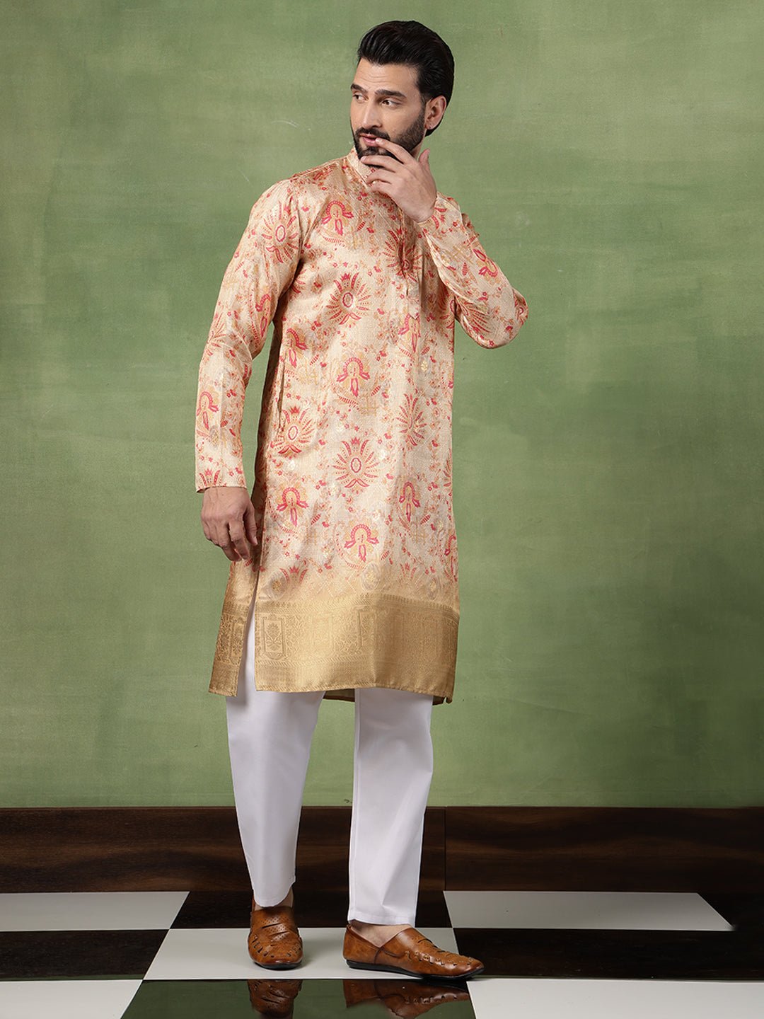 Men's Silk Banarasi Design Multicolor Long Kurta - Image 4