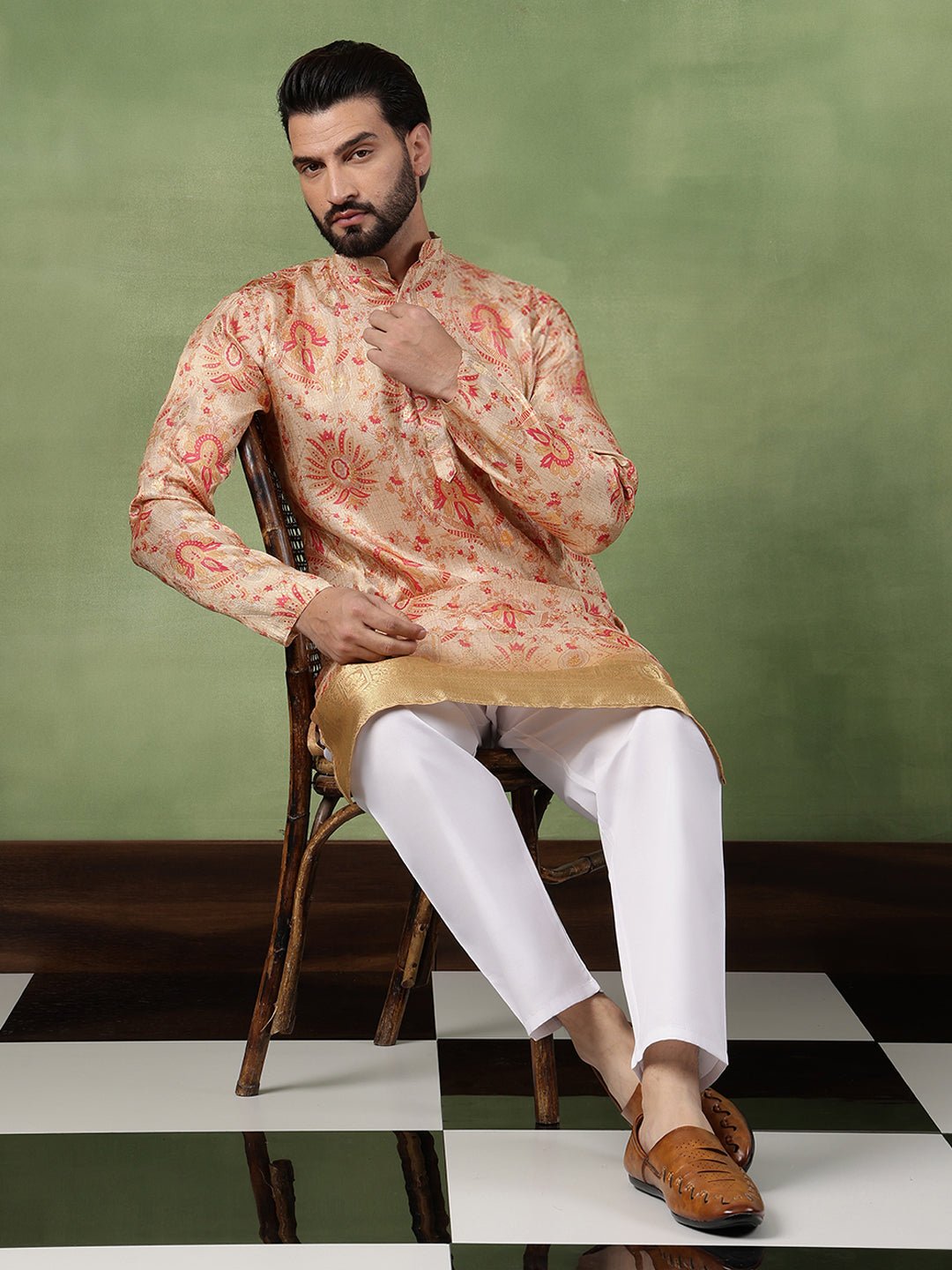 Men's Silk Banarasi Design Multicolor Long Kurta - Image 5