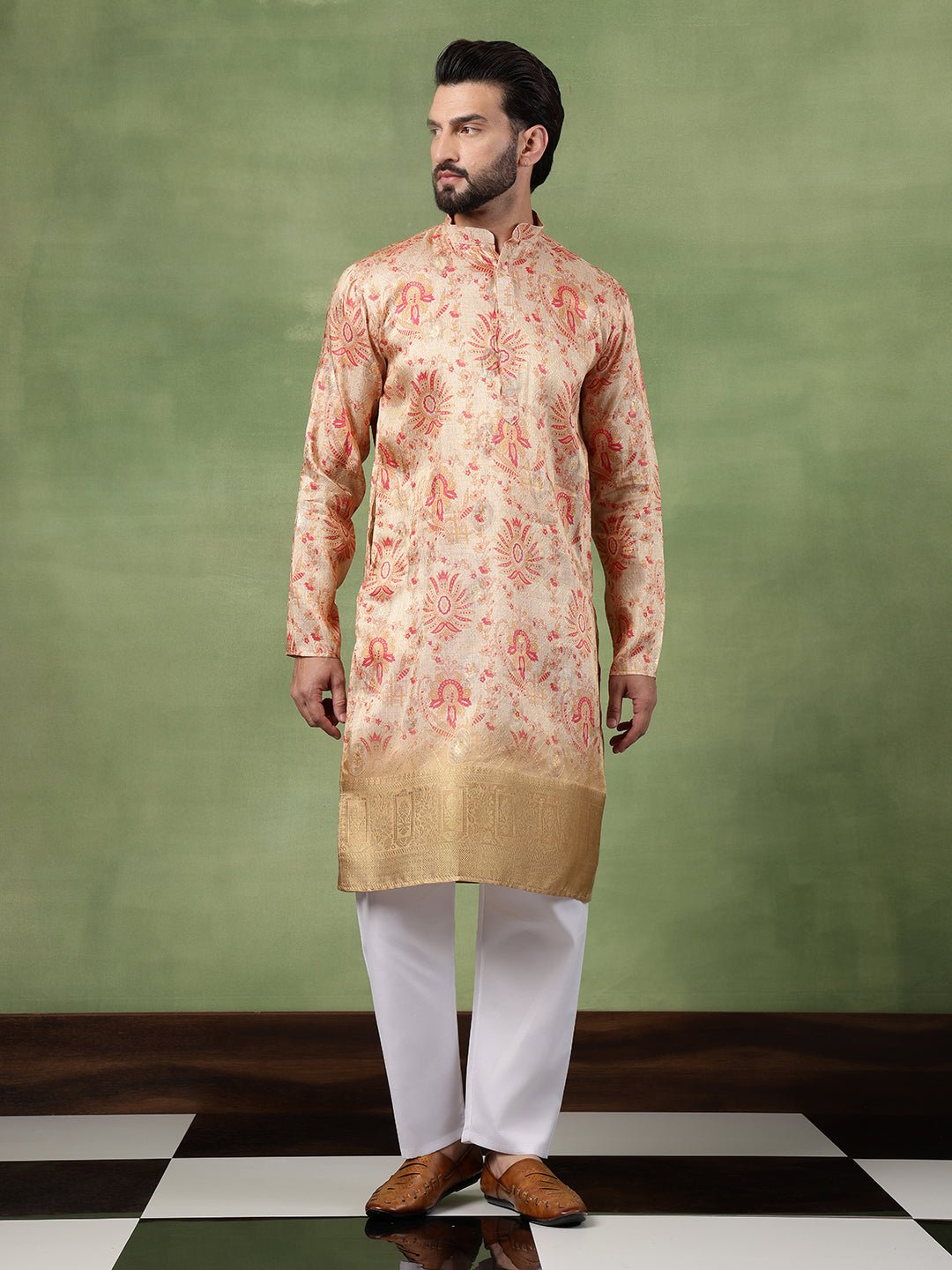 Men's Silk Banarasi Design Multicolor Long Kurta - Image 6