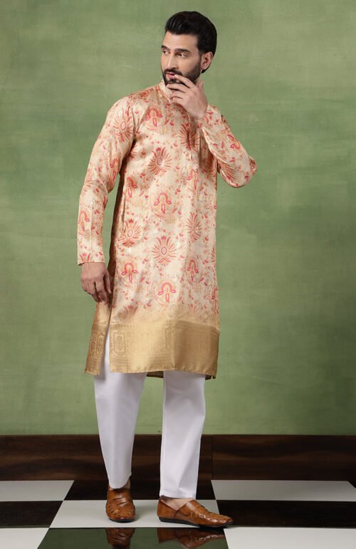 Men's Silk Banarasi Design Multicolor Kurta With White Pyjama