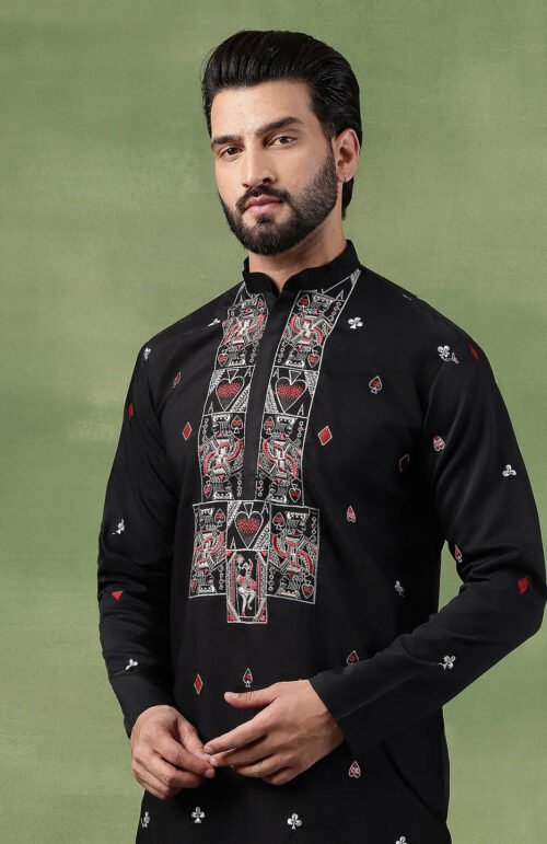 Men's Cotton Black Long Kurta with Unique Playing Cards Embroidery