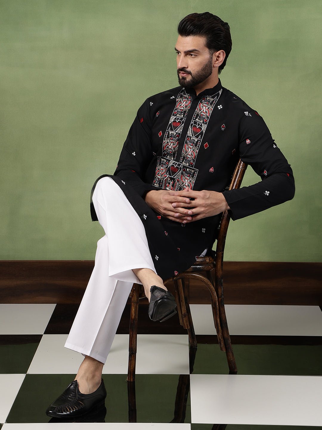 Men's Cotton Unique Cards Embroidered Black Kurta With Pyjama - Image 3