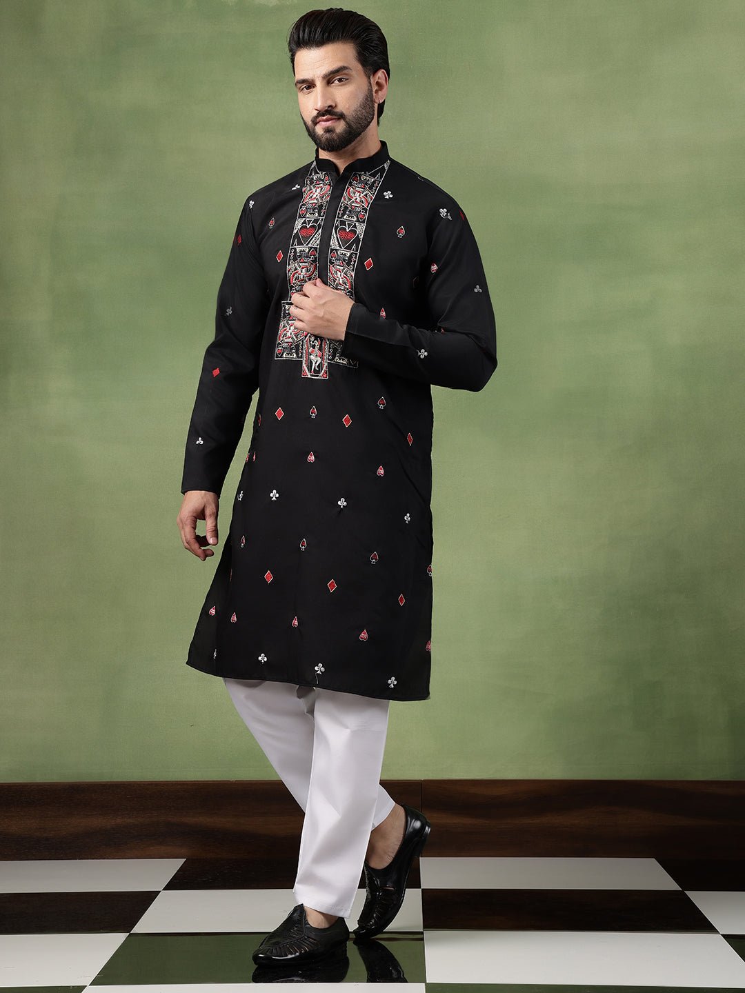 Men's Cotton Unique Cards Embroidered Black Kurta With Pyjama - Image 2