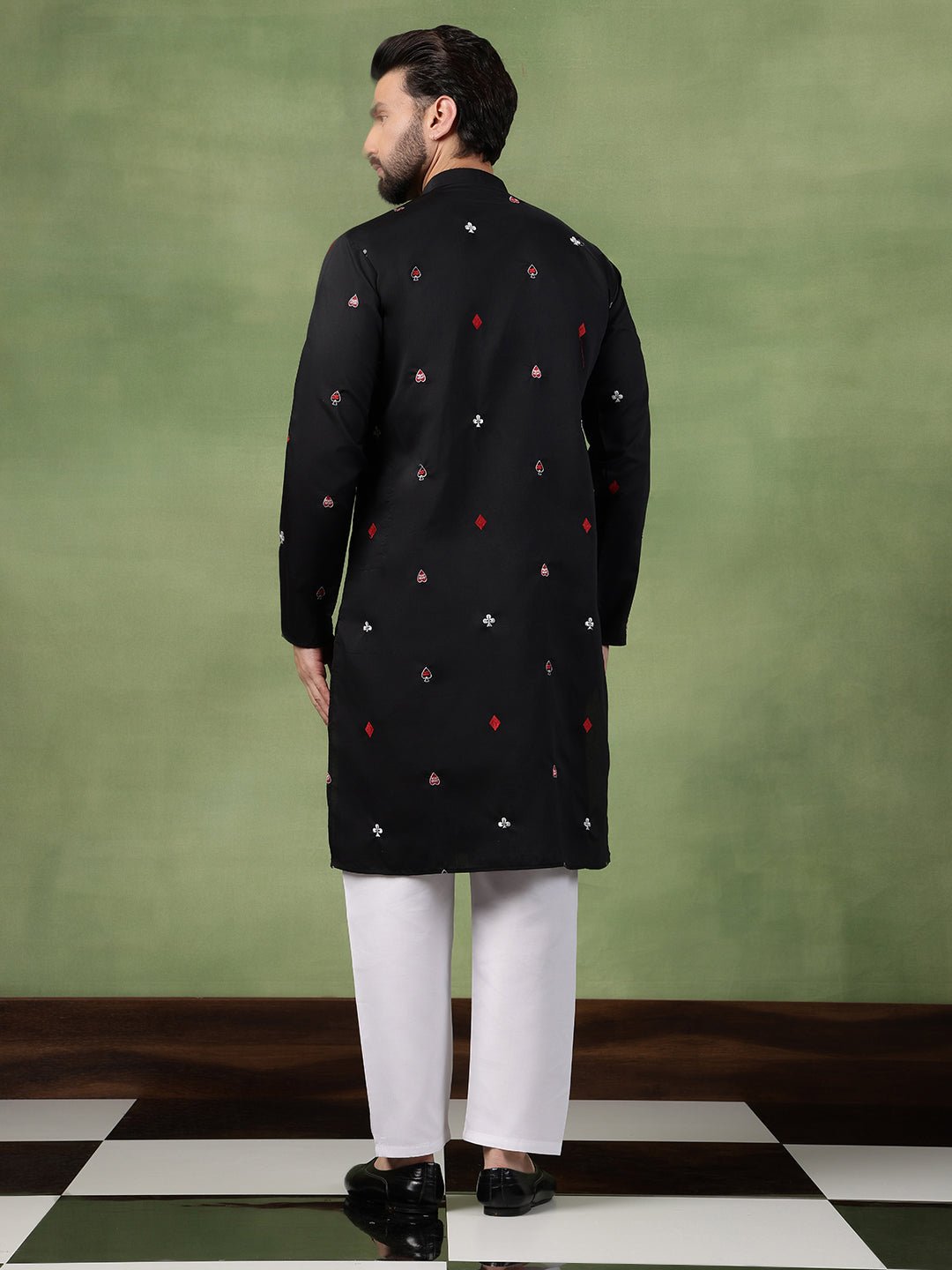 Men's Cotton Unique Cards Embroidered Black Kurta With Pyjama - Image 6