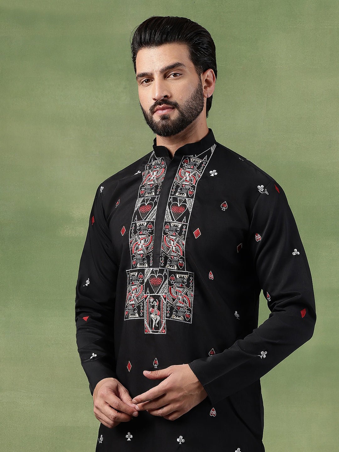 Men's Cotton Unique Cards Embroidered Black Kurta With Pyjama - Image 4