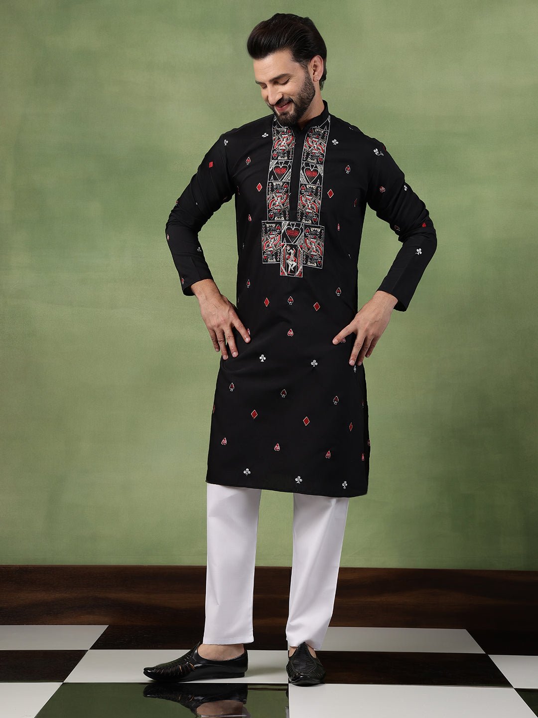 Men's Cotton Unique Cards Embroidered Black Kurta With Pyjama - Image 5