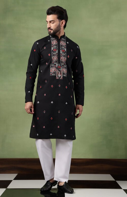 Men's Cotton Unique Cards Embroidered Black Kurta With Pyjama