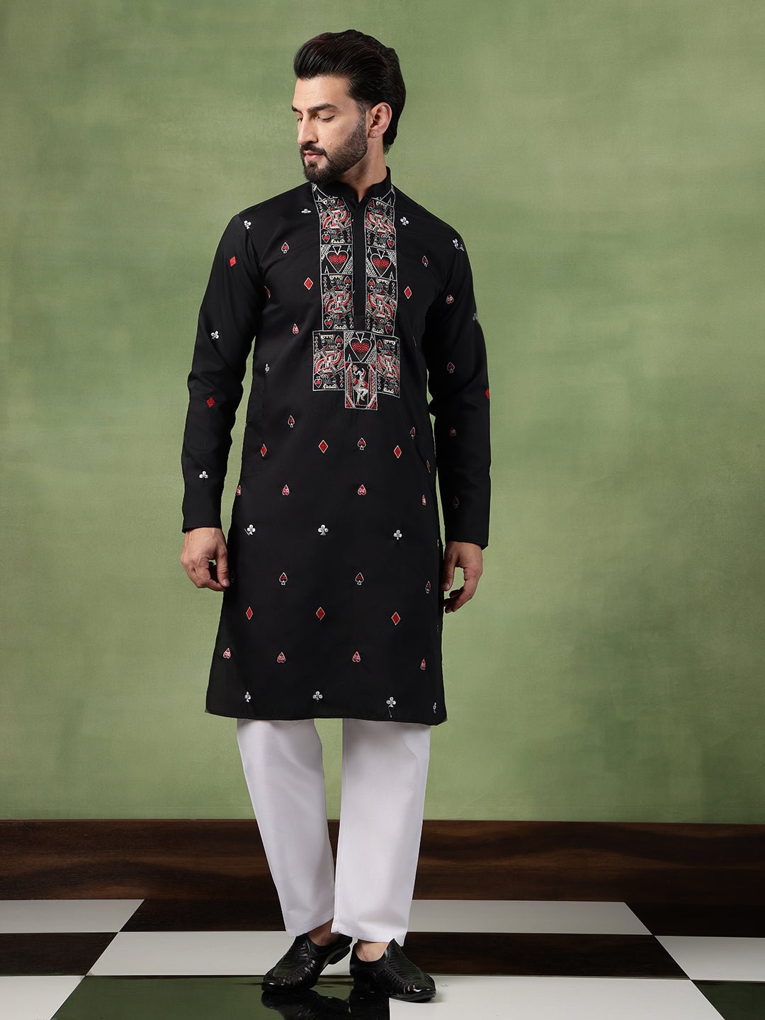 Men's Cotton Unique Cards Embroidered Black Kurta With Pyjama