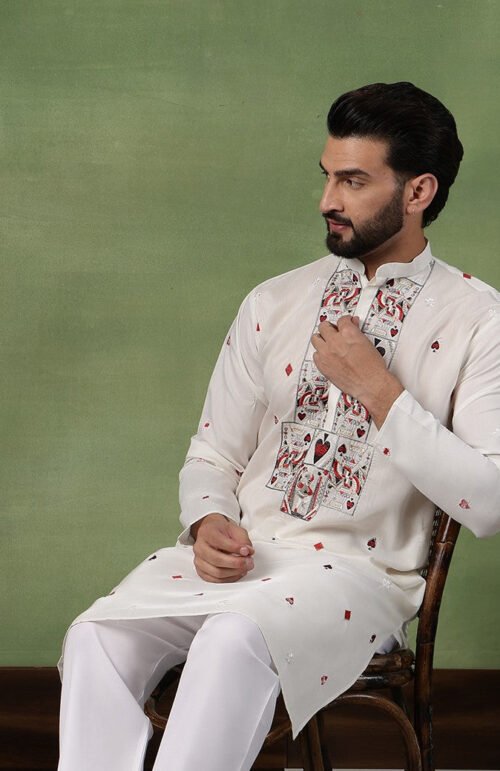 Men's Cotton Off-White Long Kurta with Unique Playing Cards Embroidery