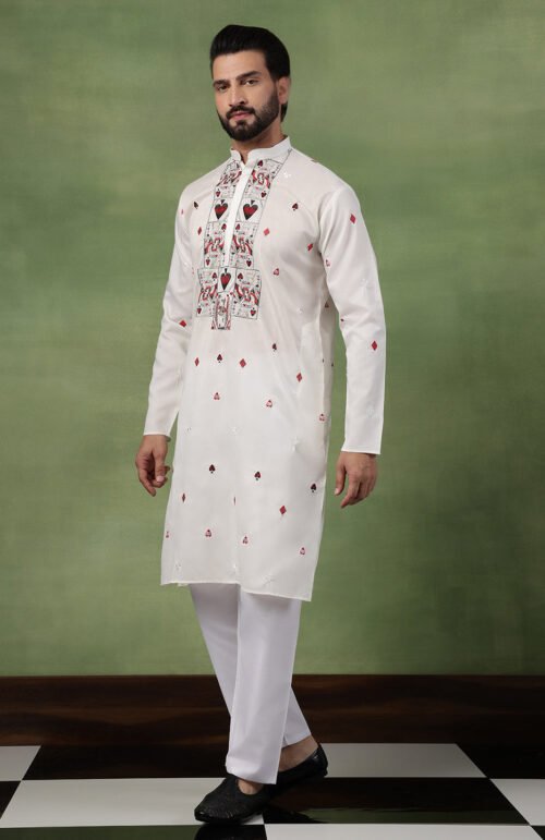 Men's Cotton Unique Cards Embroidered Off White Kurta With Pyjama