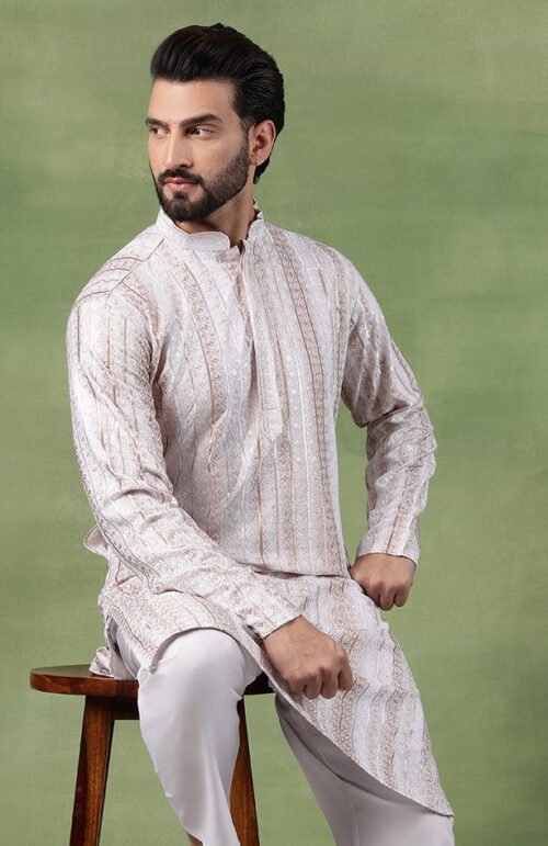 Men's Cotton Silk Sequin Panel Embroidered White Long Kurta
