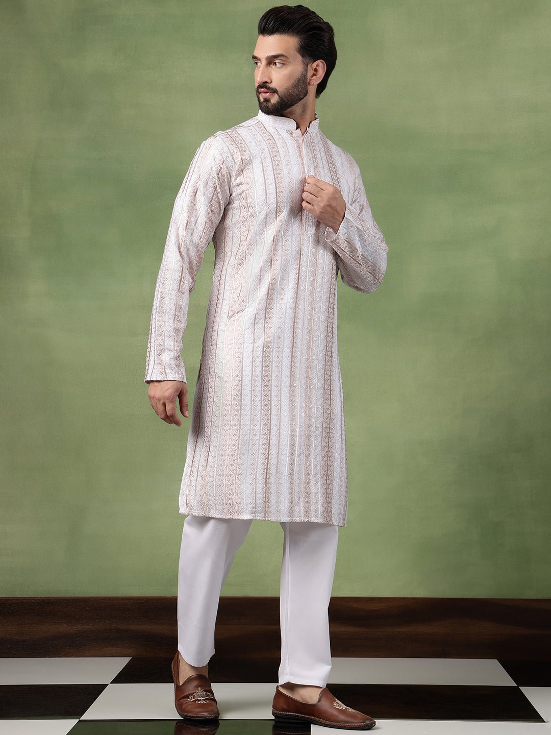 Men's Cotton Silk Sequin Panel Embroidered White Long Kurta - Image 2