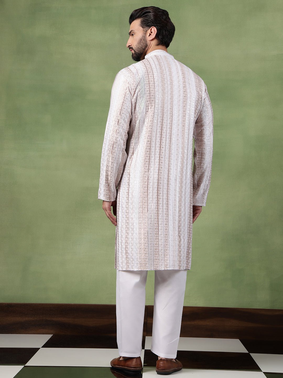 Men's Cotton Silk Sequin Panel Embroidered White Long Kurta - Image 3