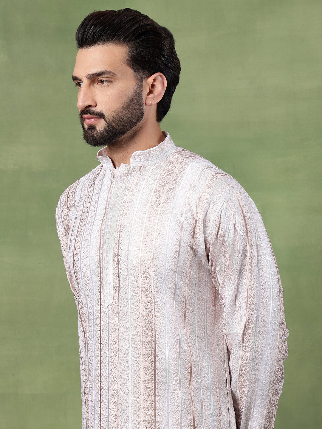 Men's Cotton Silk Sequin Panel Embroidered White Long Kurta - Image 4