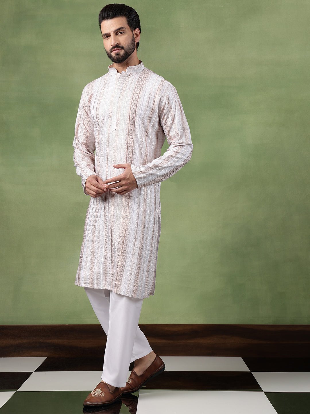 Men's Cotton Silk Sequin Panel Embroidered White Long Kurta - Image 5