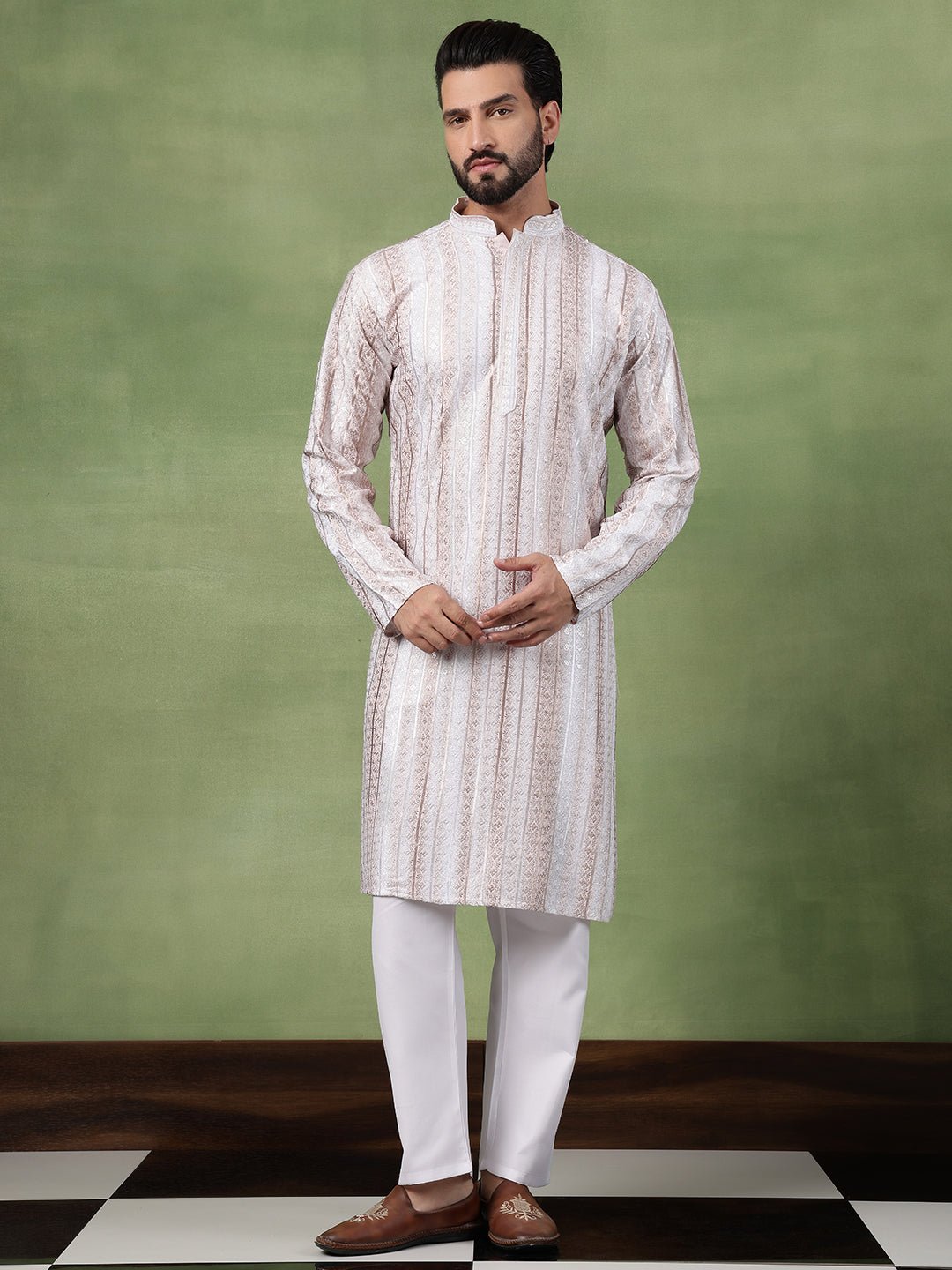 Men's Cotton Silk Sequin Panel Embroidered White Long Kurta - Image 6