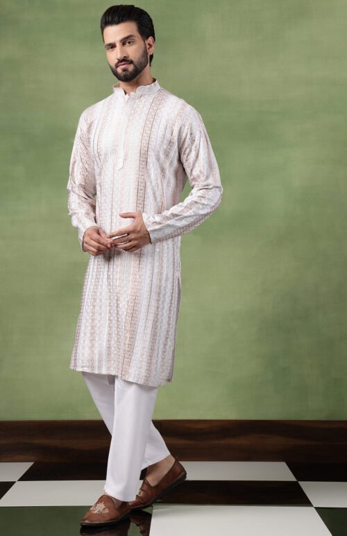 Men's Cotton Silk Sequin Panel Embroidered White Kurta and Pyjama