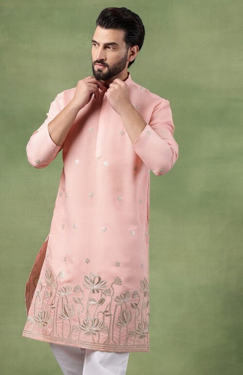 Men's Cotton Floral Zari Embroidered Pink Long Kurta