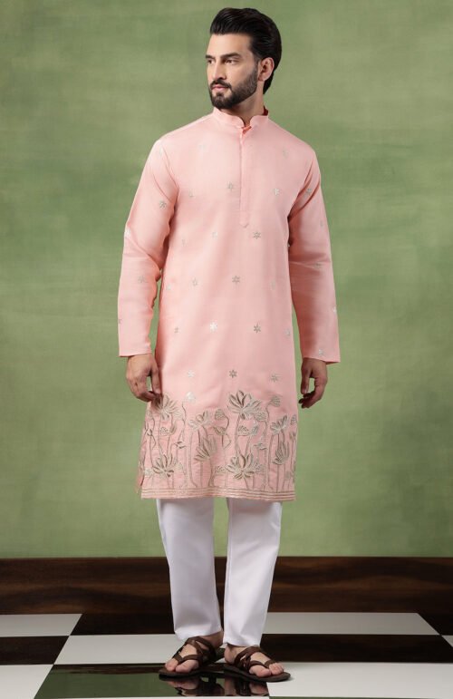 Men's Cotton Floral Zari Embroidered Pink Kurta and White Pyjama