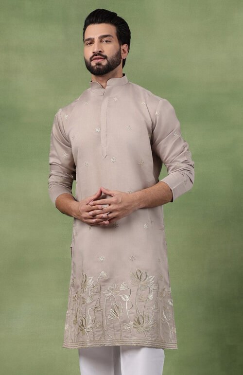 Men's Cotton Floral Zari Embroidered Grey Long Kurta