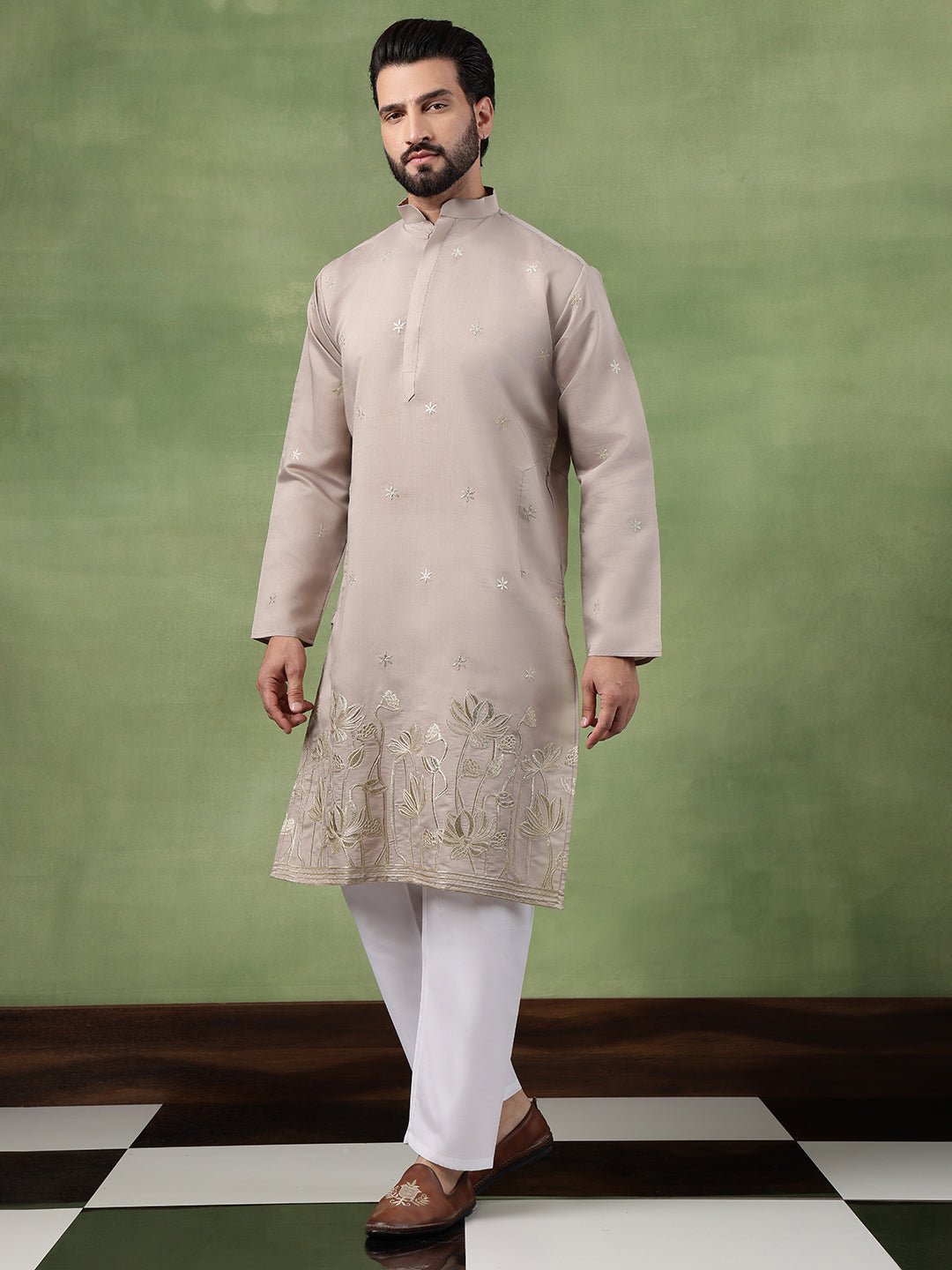 Men's Cotton Floral Zari Embroidered Grey Kurta and White Pyjama - Image 4