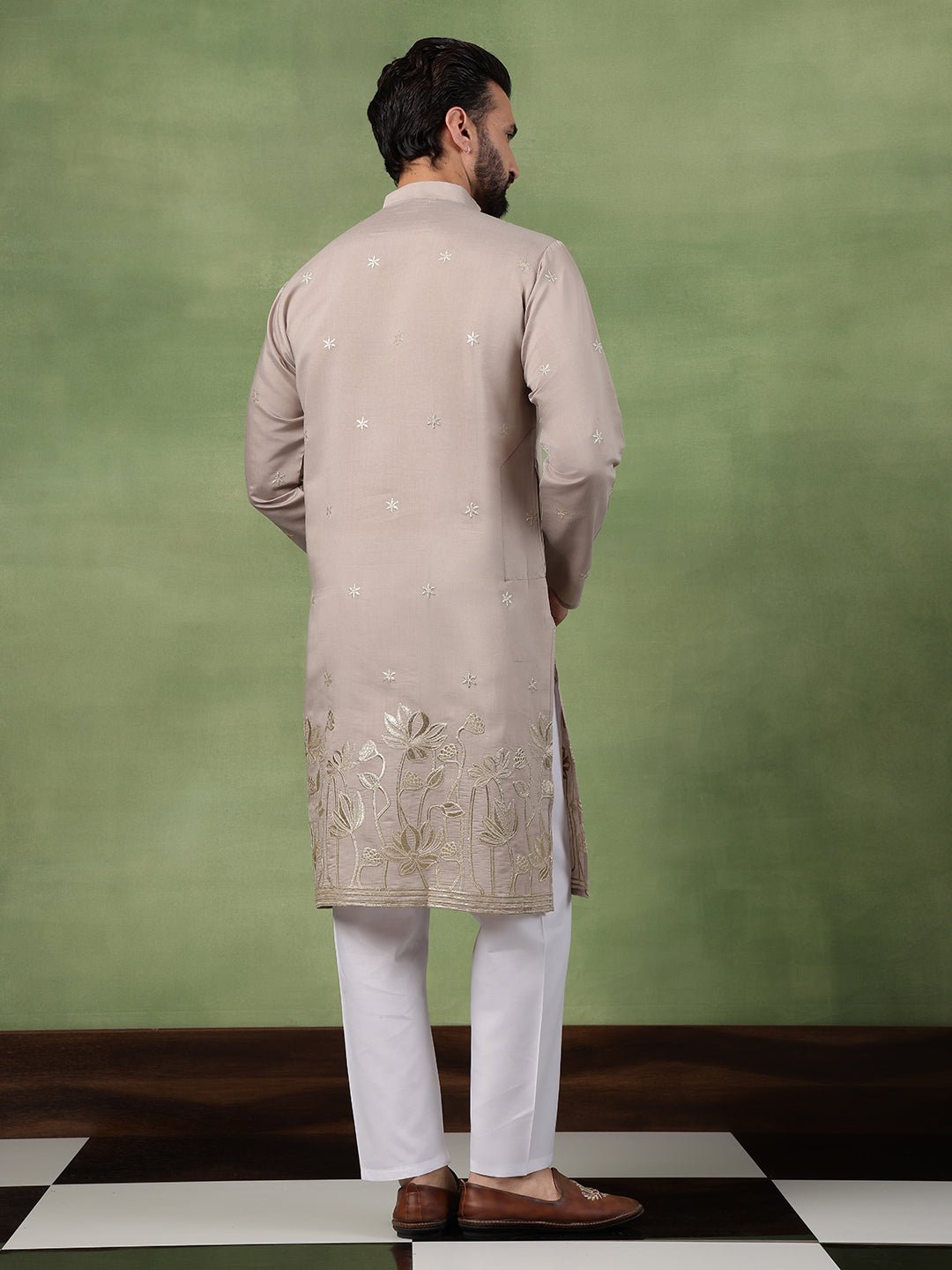 Men's Cotton Floral Zari Embroidered Grey Kurta and White Pyjama - Image 3