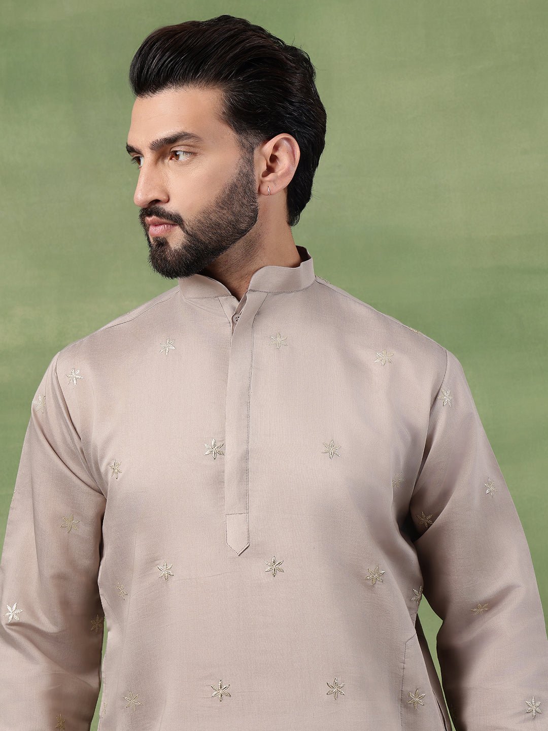 Men's Cotton Floral Zari Embroidered Grey Kurta and White Pyjama - Image 5