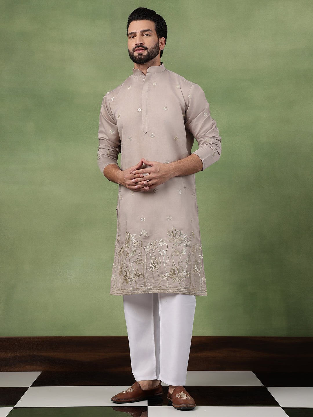 Men's Cotton Floral Zari Embroidered Grey Kurta and White Pyjama - Image 6