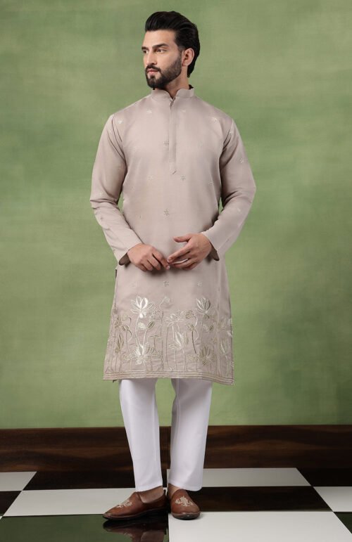 Men's Cotton Floral Zari Embroidered Grey Kurta and White Pyjama