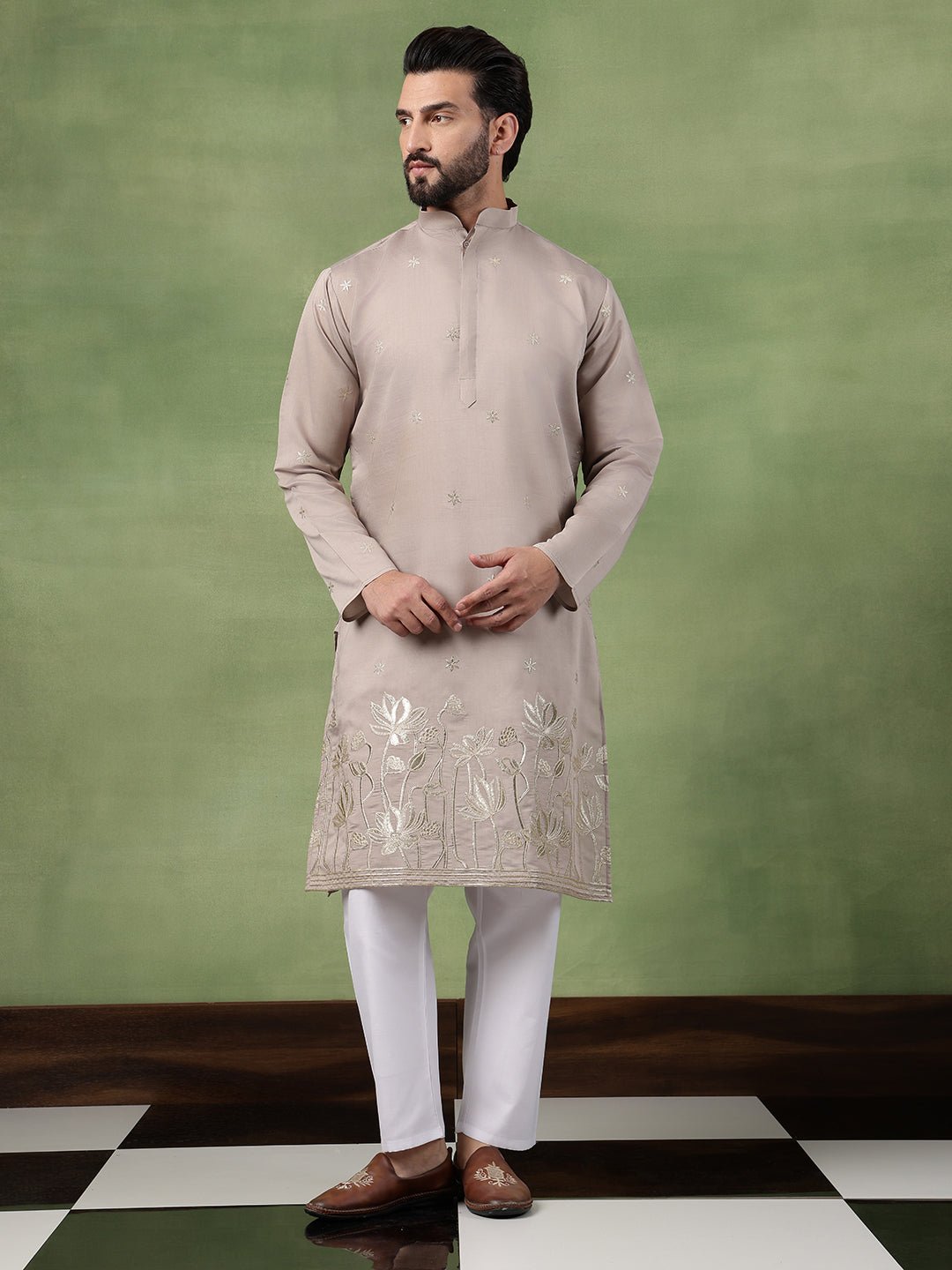 Men's Cotton Floral Zari Embroidered Grey Kurta and White Pyjama
